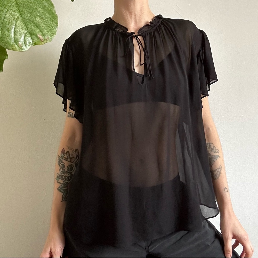 The Kooples Sheer Flutter Tie-Front Blouse